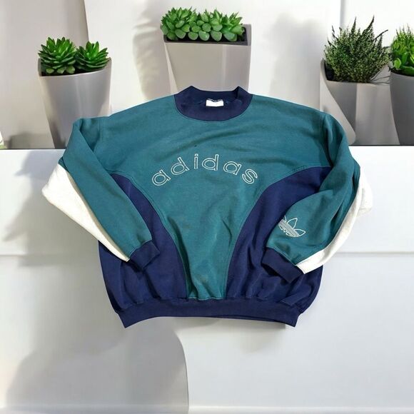 Adidas Men's Teal Navy & Cream Sweater vintage 90s colorblock - Picture 1 of 7